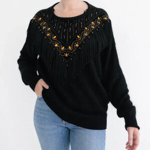 Vintage Vanna White R&K Originals Black Beaded w Tassels & Amber Gems Sweater XL